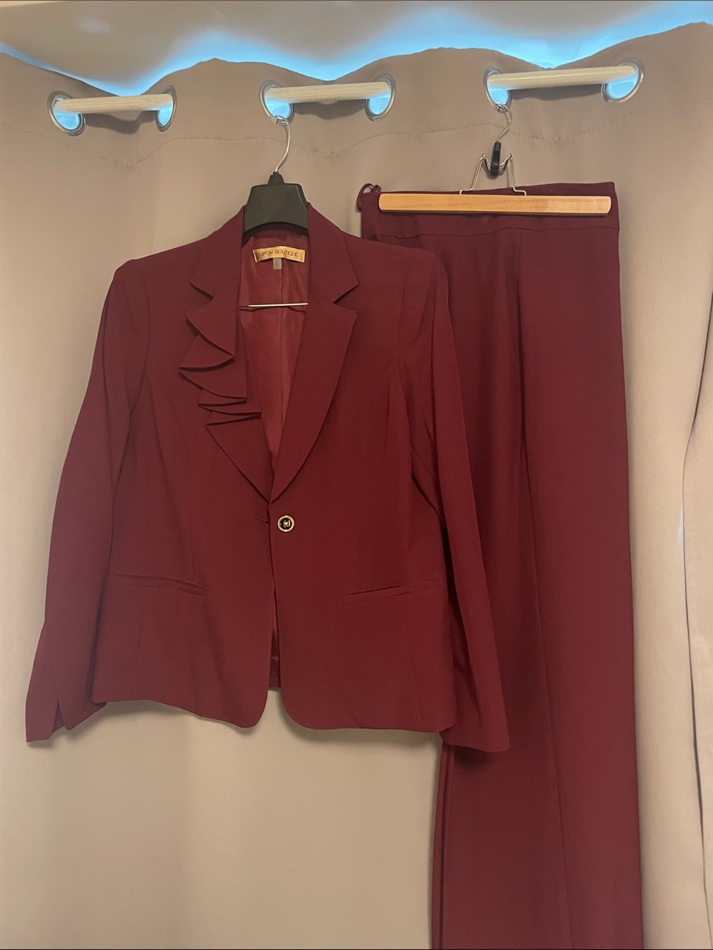 Nipon Boutique Maroon Ruffle-Trim Blazer & Trouser Suit